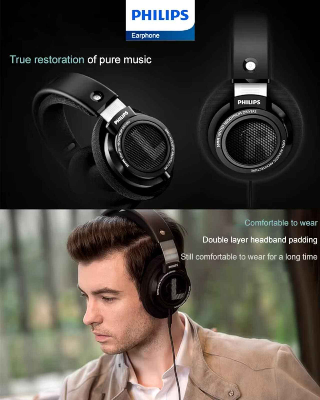 Schwarze Philips SHP9500 offene HiFi Over-Ear-Kopfhörer