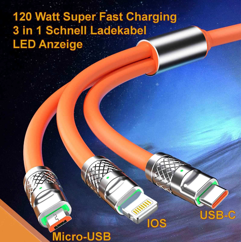Oranges 1,2-m-3-in-1-Ladekabel mit USB-C Micro-USB und 6-Pin