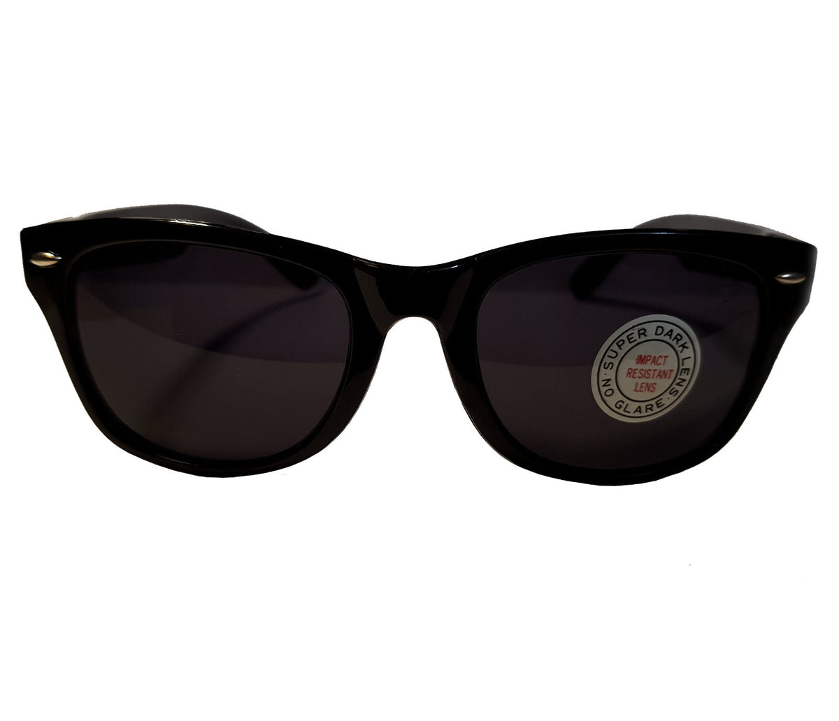 Schwarze Wayfarer-Sonnenbrille mit extra dunklen Gläsern