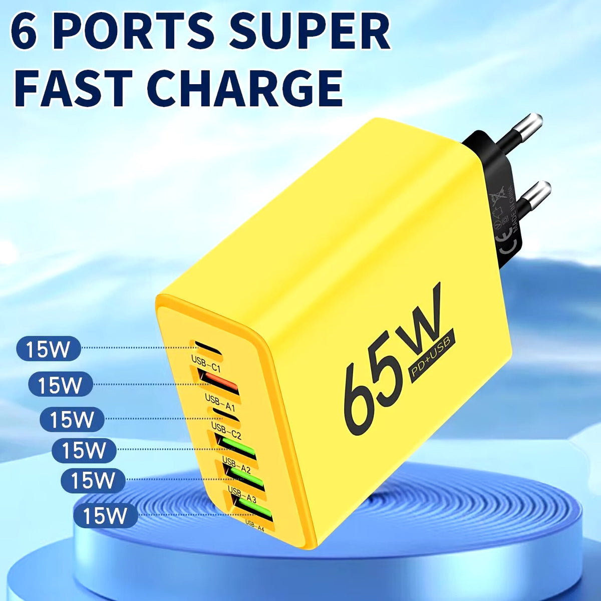 65-W-Schnellladegerät mit 6 USB-A- und USB-C-Ports