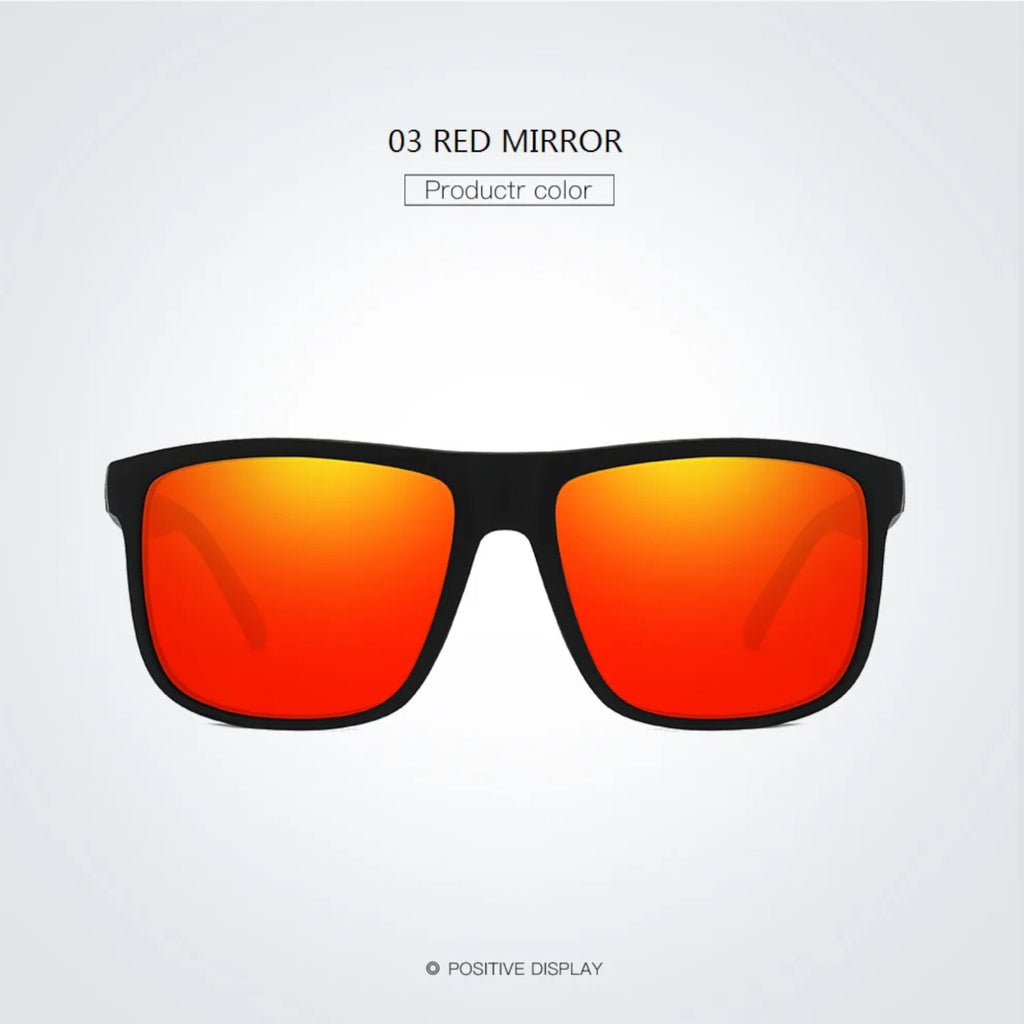 Matt-schwarze Sonnenbrille mit orange-roten Spiegelgläsern