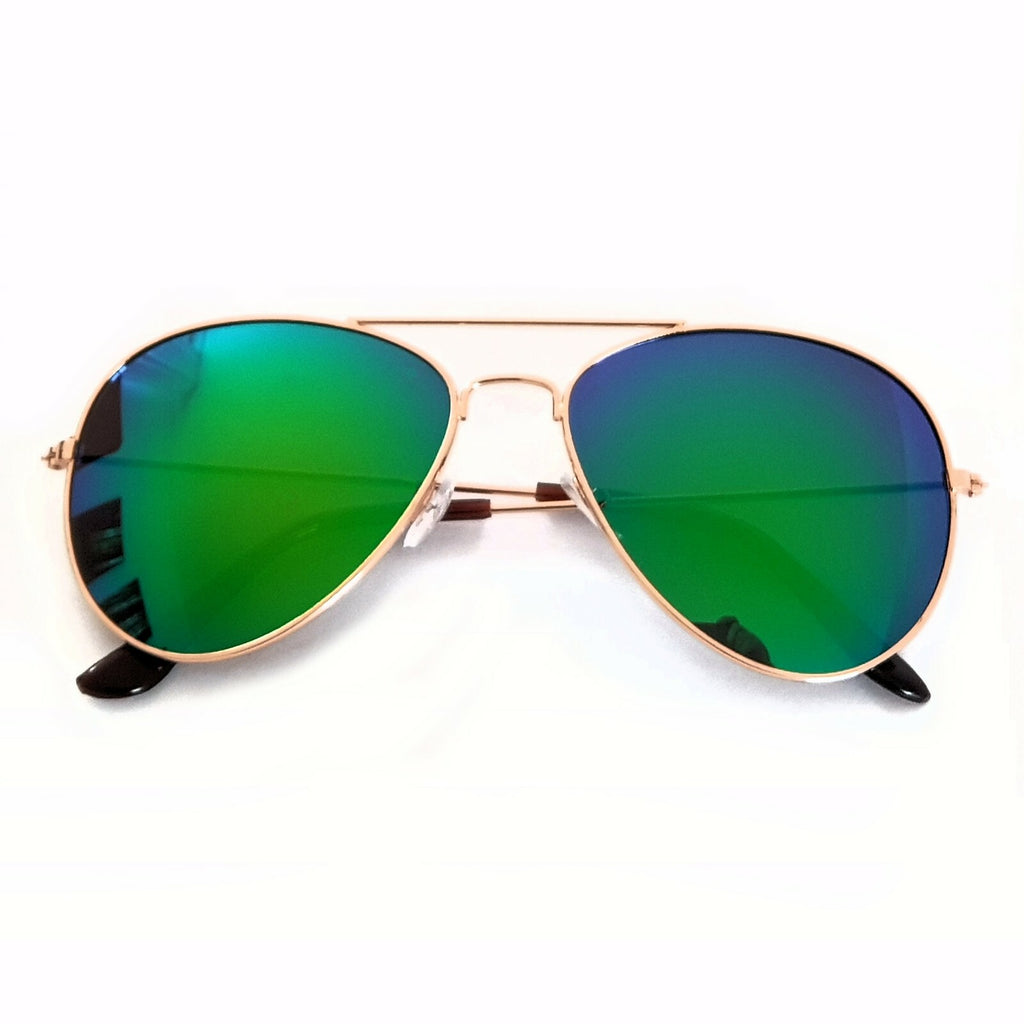Rotgoldene Piloten-Sonnenbrille mit grün-blauen Spiegelgläsern