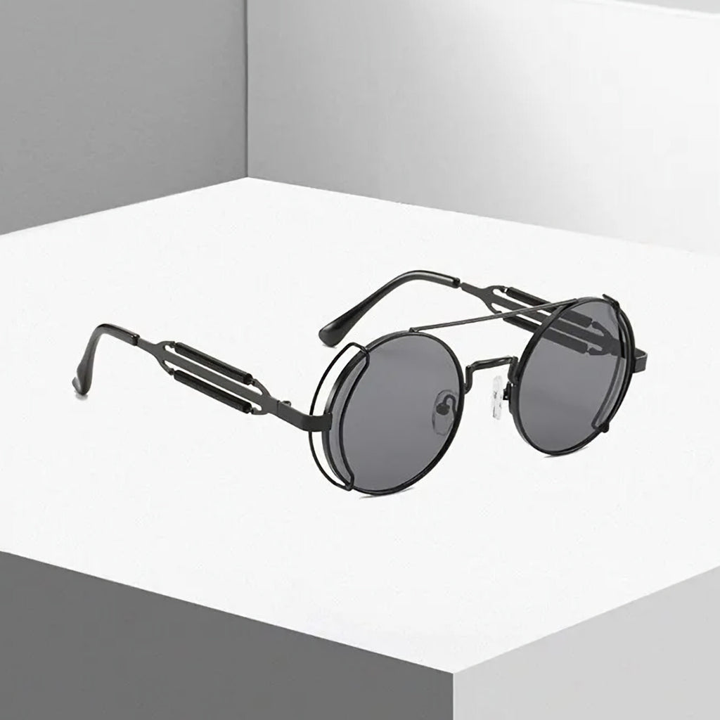 Runde schwarze Steampunk-Sonnenbrille aus Metall