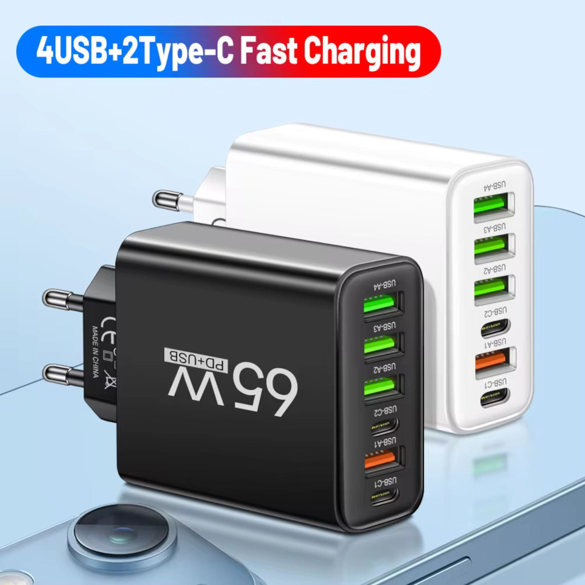 65-W-Schnellladegerät mit 6 USB-A- und USB-C-Ports