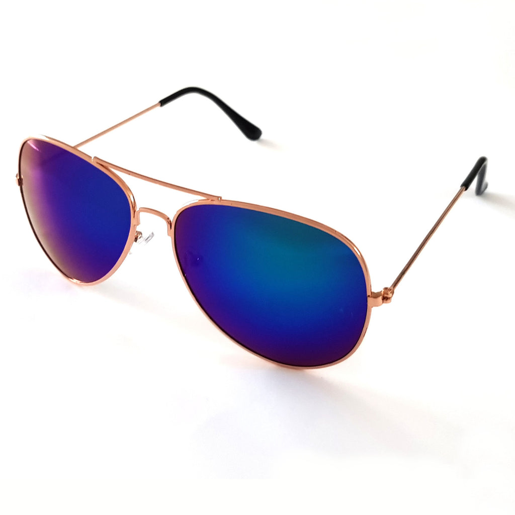 Kupferfarbene Piloten-Sonnenbrille mit blauen Spiegelgläsern