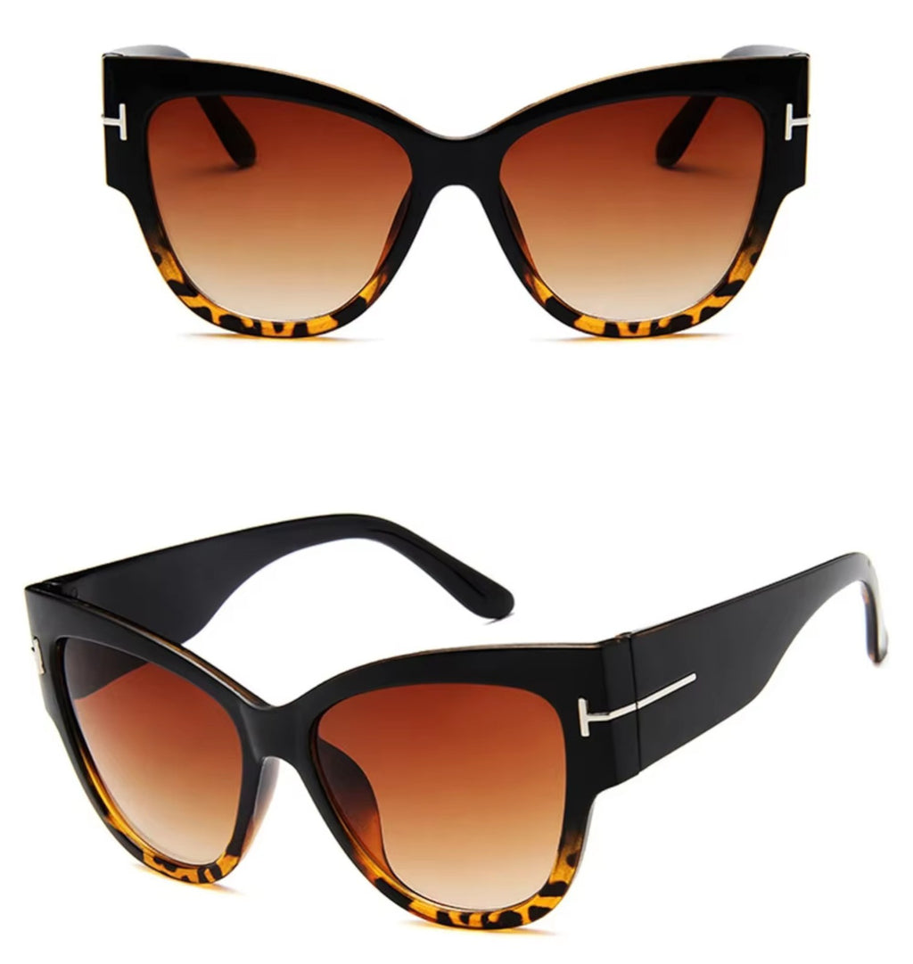 Oversized Cat-Eye-Sonnenbrille in Schwarz-Leopard mit braunen Gläsern