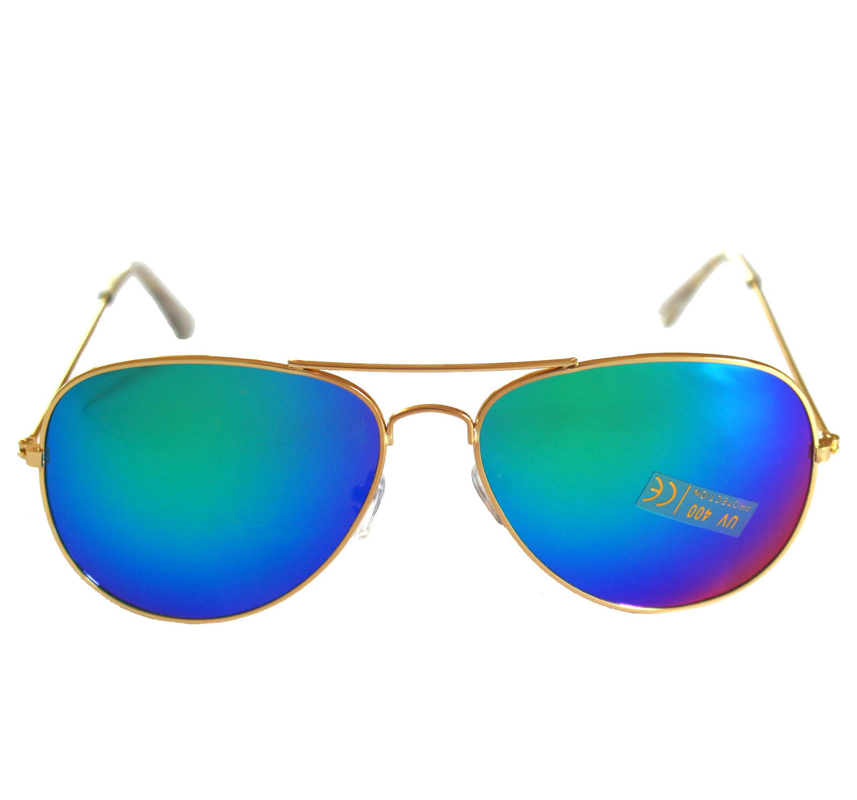 Goldene Piloten-Sonnenbrille mit grünblauen Spiegelgläsern