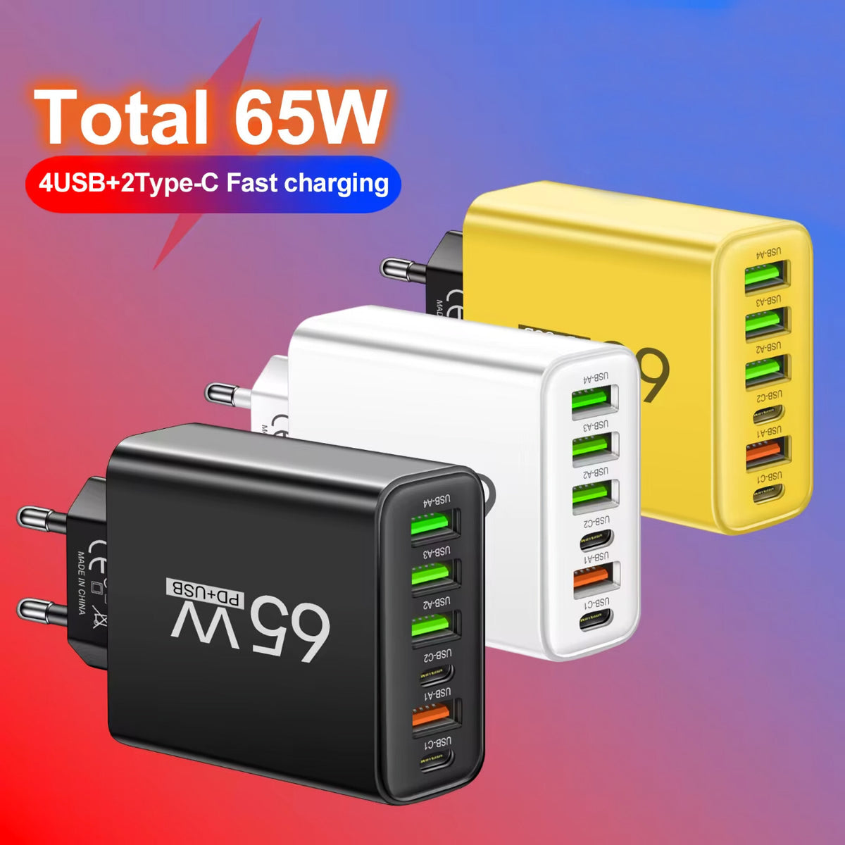 65-W-Schnellladegerät mit 6 USB-A- und USB-C-Ports