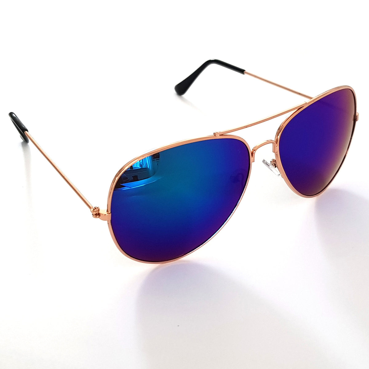 Kupferfarbene Piloten-Sonnenbrille mit blauen Spiegelgläsern