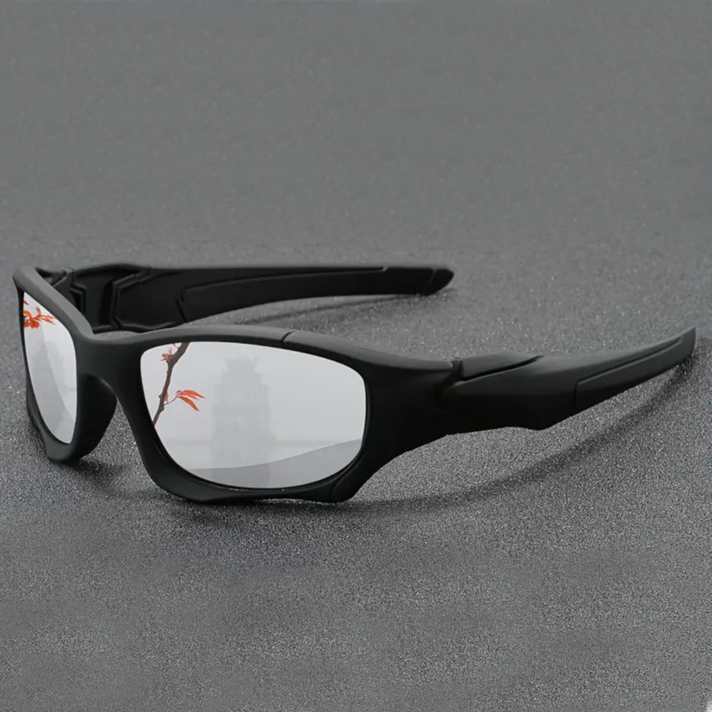 Schwarz-silberne Sport-Sonnenbrille aus Polycarbonat