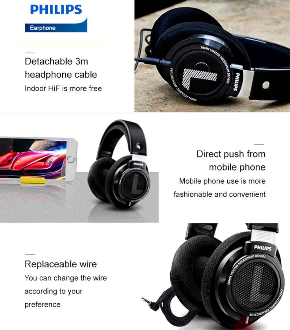 Schwarze Philips SHP9500 offene HiFi Over-Ear-Kopfhörer