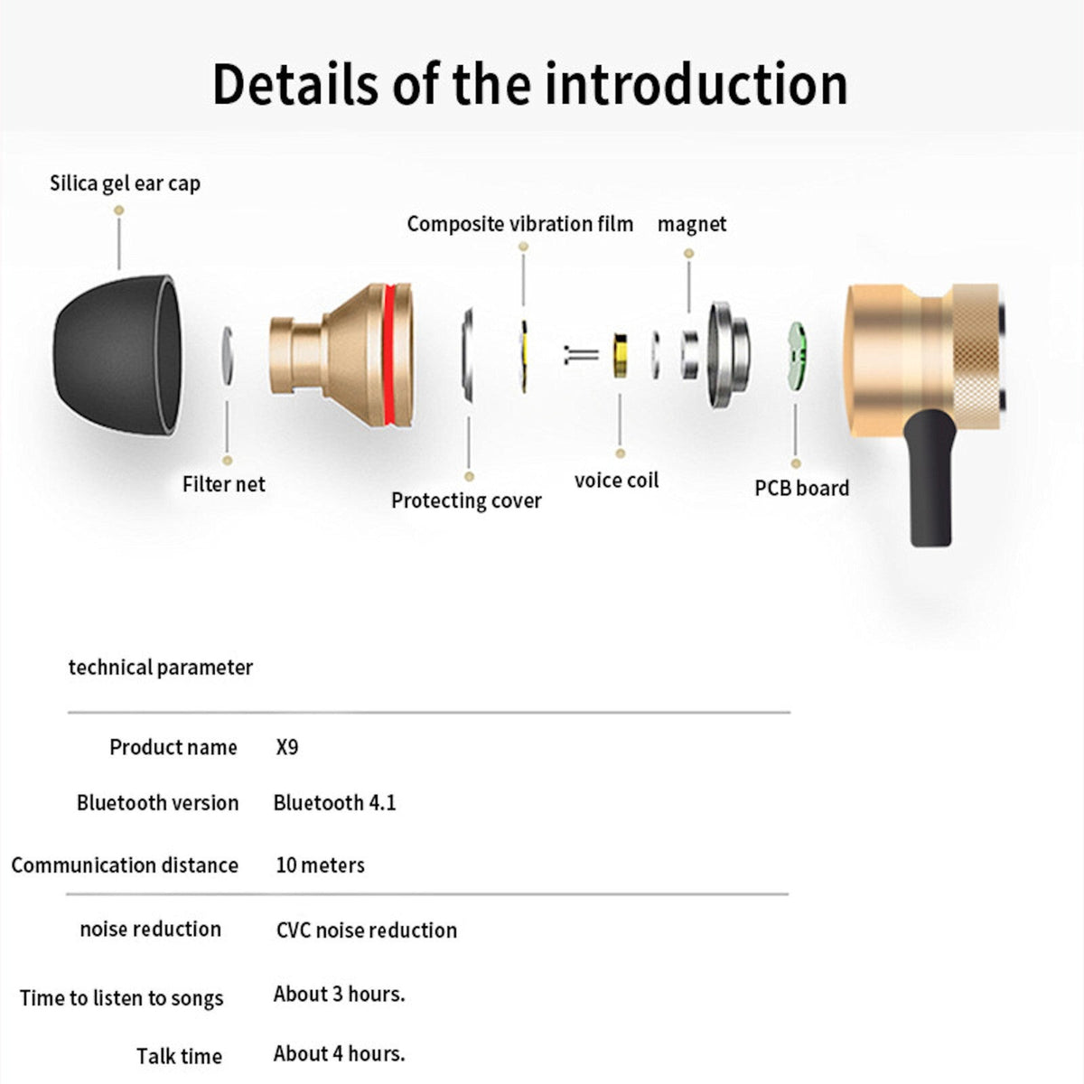 Rot-goldenes magnetisches X9 Bluetooth In-Ear-Headset