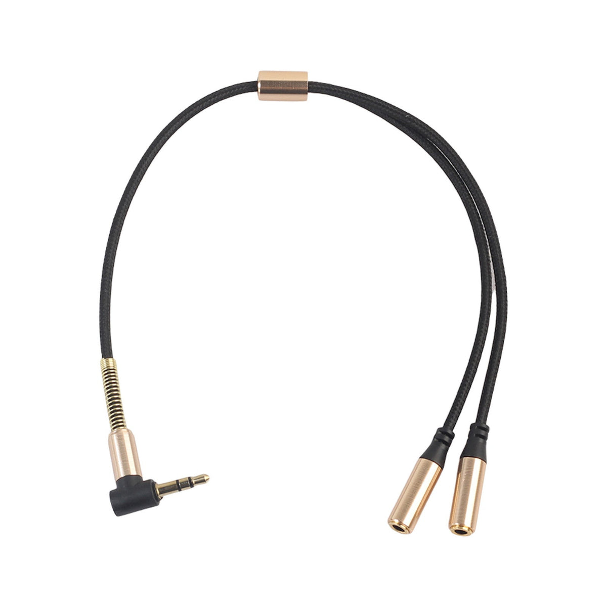 Schwarzer 3,5-mm-Audio-Splitter mit Winkelstecker und zwei Buchsen