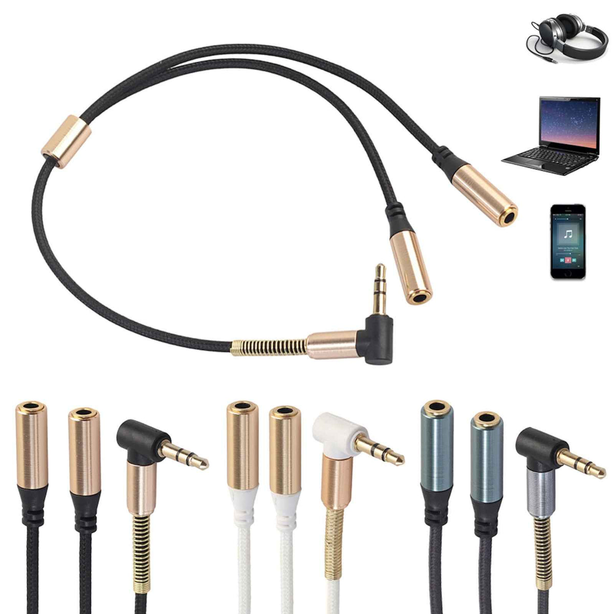 Audio Doppler Kabel Winkelstecker Kopfhörer 3.5mm Stecker > 2 Buchse weiss